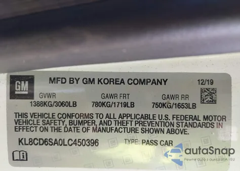 2020 Chevrolet Spark Fwd 1Lt Automatic из США, поврежденный, VIN KL8CD6SA0LC450396